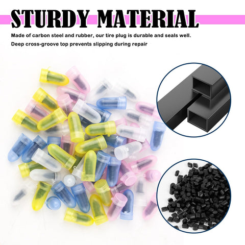 Self Service Tire Plugs Kit With Screwdriver 60Pcs Universal Emergency Tire Repair Tool with colorful plugs and material details.