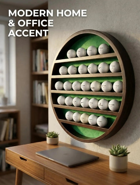 32 Ball Golf Display Case Wall Mounted Moon Shelf In Dark Brown Finish - Modern Solid Wood Golf Ball Holder on office wall