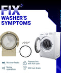 Askoll M75 Washer Drain Pump Motor Replacement and washer shown with text 'FIX Washer's Symptoms'