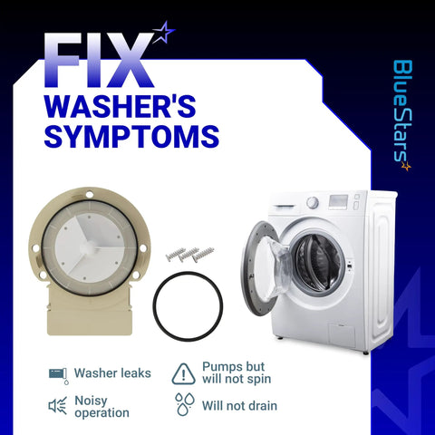 Askoll M75 Washer Drain Pump Motor Replacement and washer shown with text 'FIX Washer's Symptoms'