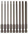 Kickass 11 Piece Security Torx Bit Set Hardened S2 Steel With Grabby Magnetic Tips And Quarter Inch Hex Shank T6 to T40 sizes arranged neatly.