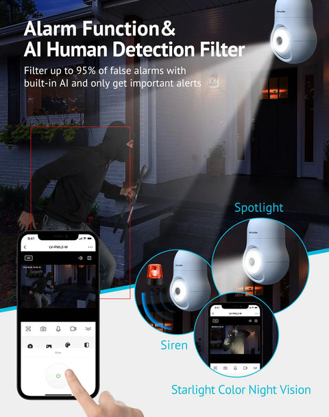 4MP Bulb Security Camera Wireless 360 Degree Panoramic 2K HD Day And Night Full Color Starlight Vision Motion Alerts Audible Alarm Easy Install Indoor Outdoor Alexa Compatible