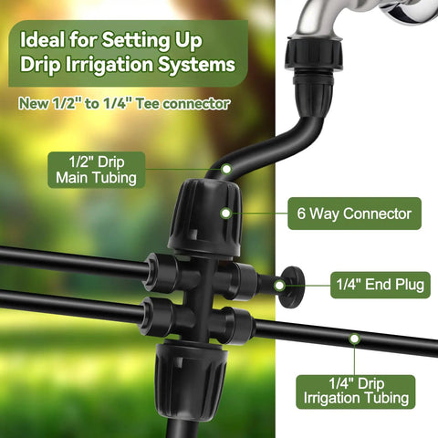 Six Way Barbed Tee Quick Connectors Set From Half Inch To Quarter Inch, DIY Friendly Drip Irrigation Fittings With Four Plugs
