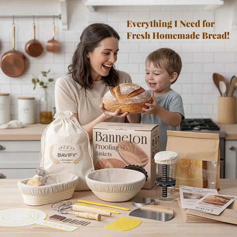 All In One Sourdough Starter Kit With Banneton Proofing Baskets, Dough Scraper, Whisk, Lame, Recipe Card And Storage Tray