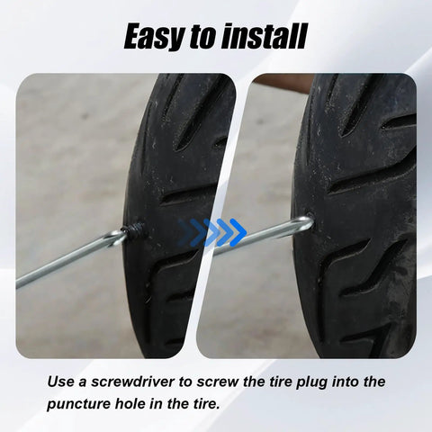 40 Piece Tire Repair Kit With Rubber Nails And Screw Plugs being used with a screwdriver on a punctured tire