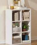 Six Cube Storage Organizer Rustic White Space Saver Stackable Bookcase with bins and decor, vertical setup
