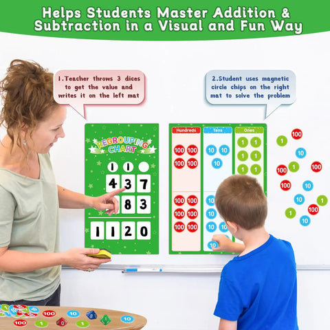 Teacher and child using Regrouping Base Ten Place Value Math Kit With 66 Pieces for hands-on addition and subtraction learning.