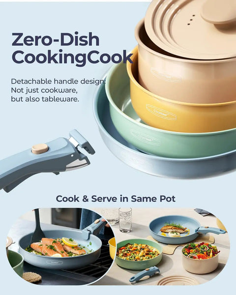 Ceramic Cookware Set With Detachable Handles Nonstick Pots And Pans 12 Piece Camping And RV Kitchen Kit stacked design