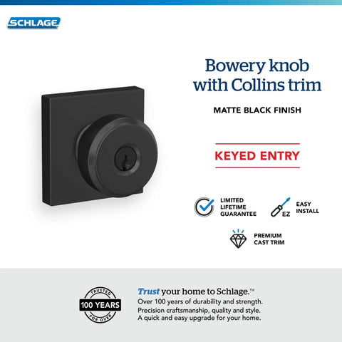 Bowery Door Knob With Collins Trim Slick Matte Black Finish Keyed Entry Lock With 2 Keys Includes Self Aligning Screws