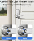 Close-up of Slick Keyless Entry Door Lock Handle With Built In Keypad In Satin Nickel, showing locking mechanism and interior panel.