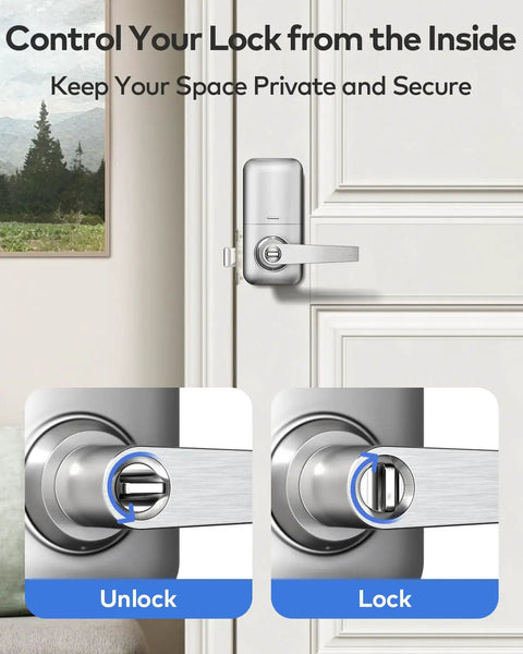 Close-up of Slick Keyless Entry Door Lock Handle With Built In Keypad In Satin Nickel, showing locking mechanism and interior panel.