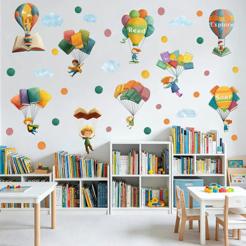 Colorful Hot Air Balloon Wall Decal Set For Classrooms And Playrooms With Flying Book Quote Stickers on a library wall