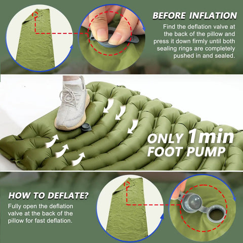 Ultralight Camping Sleeping Pad With Pillow And Built In Foot Pump Self Inflating Portable Mattress inflating with foot pump
