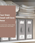 Gray Six Pack Foldable Bed Sheet Organizer Boxes with clear windows and label slots for easy ID in linen closet storage.