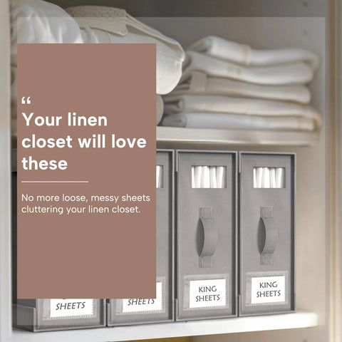 Gray Six Pack Foldable Bed Sheet Organizer Boxes with clear windows and label slots for easy ID in linen closet storage.