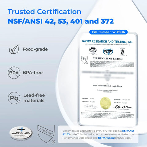 Certificate showing Electric Water Filter Pitcher With Rechargeable Instant Dispenser, NSF certified 42 53 401 372 for safety.