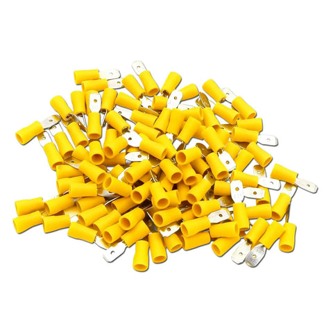1/4 Inch Yellow Vinyl Insulated Quick Disconnect Spade Wire Connectors For 12-10 AWG Cables, 6.3mm Crimp Terminals Pack Of 100