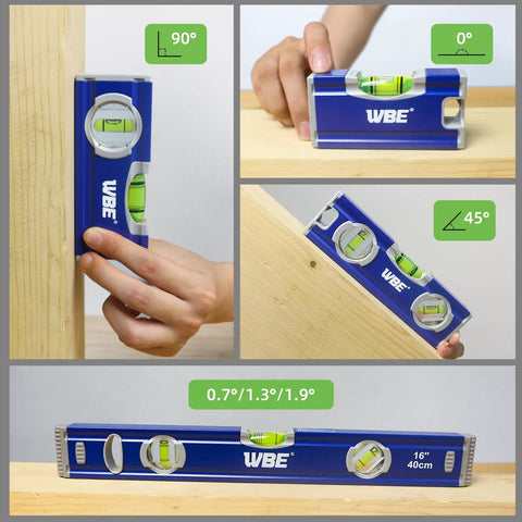 Top Notch 4 Piece Torpedo Level Set Featuring Knockout Accuracy Including 16 7 5 4 Inch Heavy Duty Aluminum Magnetic Spirit Levels in use.