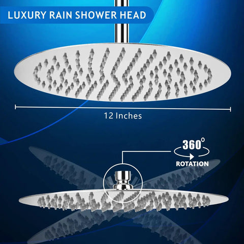 12 Inch High Flow Rain Shower Head In Chrome Finish, All Metal Stainless Steel Build with 360-degree rotation ability