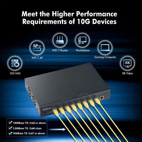 8 Port 10G Managed Ethernet Switch With Auto Adaptive 10G 5G 2Point5G And 1G Speeds L3 Web And CLI Management in use with cables