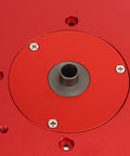 Close-up of Heavy Duty Anodized Aluminum Router Table Insert Plate with screw holes, showcasing precision design for trim routers.