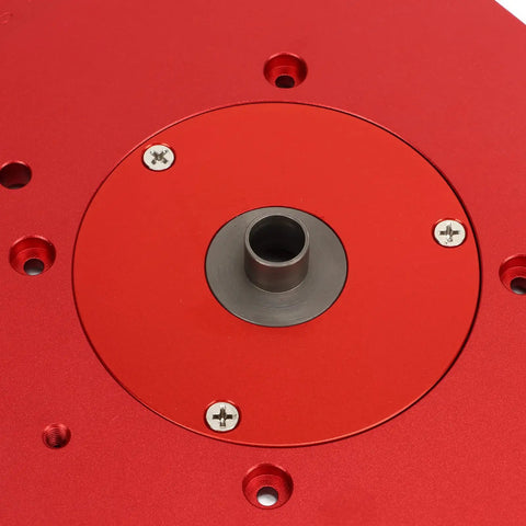 Close-up of Heavy Duty Anodized Aluminum Router Table Insert Plate with screw holes, showcasing precision design for trim routers.