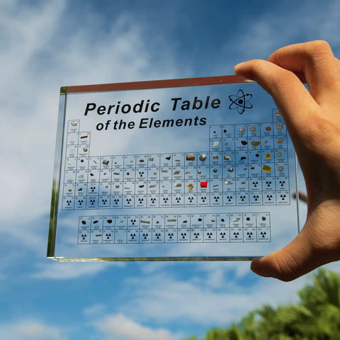 83 Real Elements Inside Acrylic 3D Periodic Table Display with clear multi-layer panel held against blue sky