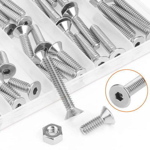 56-Piece 1/4-20 Countersunk Socket Head Cap Screws and Hex Nuts Kit, 304 Stainless Steel, Corrosion-Resistant Fasteners, 5 Lengths with hex nuts and screws