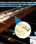 Close-up of Real Deal Heavy Duty Stainless Steel Piano Hinge full length on a piano, showcasing precision and durability.