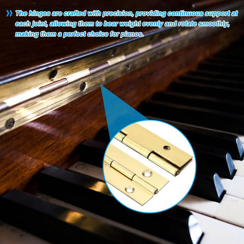 Close-up of Real Deal Heavy Duty Stainless Steel Piano Hinge full length on a piano, showcasing precision and durability.