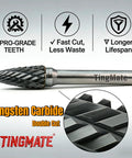 TingMate 10-piece tungsten carbide burr set, 1/4-inch shank, double-cut double-spiral grooves for metal, wood, stone