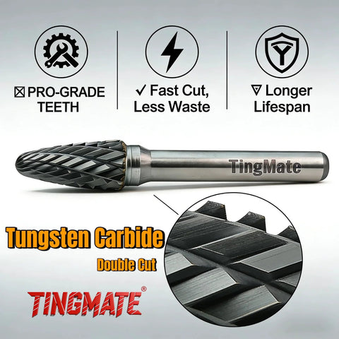 TingMate 10-piece tungsten carbide burr set, 1/4-inch shank, double-cut double-spiral grooves for metal, wood, stone