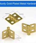 Built Tough 30 Pack Mini Butt Hinges With Screws, 13X12Mm Bright Gold Plated Steel Hardware For Crafting And Decorative Wooden Boxes, Nifty Compact Specs That Work Straight Up: Gold-plated butt hinges showing sizes.