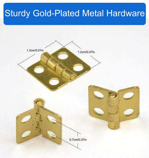 Built Tough 30 Pack Mini Butt Hinges With Screws, 13X12Mm Bright Gold Plated Steel Hardware For Crafting And Decorative Wooden Boxes, Nifty Compact Specs That Work Straight Up: Gold-plated butt hinges showing sizes.