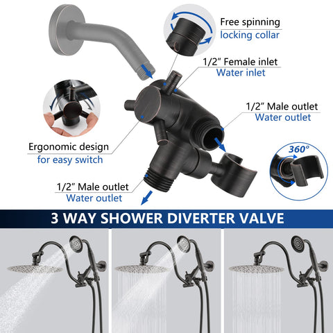 Image of 3-way shower diverter valve for 10 Inch Rainfall Shower Head With 16 Inch Adjustable Extension Arm And Handheld Combo In Oil Rubbed Bronze