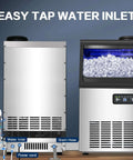 Commercial Ice Maker Delivers 110 Lbs Per Day With Quiet Operation For Home Bar Restaurant Or Coffee Shop Undercounter Or Freestanding Design With 22 Lb Storage And Stainless Steel Self Cleaning, showcasing water inlet and ice storage.