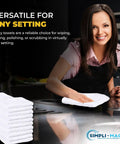 Woman using 60 Pack Cotton Terry Towels 14 By 17 Inches Highly Absorbent Cleaning Rags For Kitchen Bar And Restaurant Use Durable White Commercial Grade Ideal For Dishwashing Mopping And General Commercial Cleaning on countertop