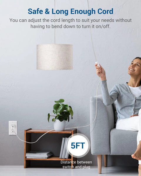 Plug In Pendant Light With Beige Linen Shade, 15 Ft Clear Cord, On Off Switch, Cozy Modern Vibe in use near sofa and table
