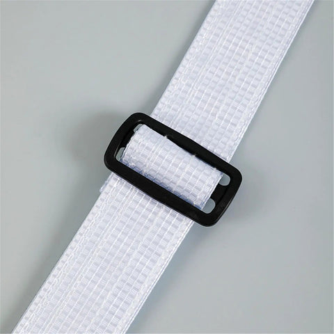 No Sweat Top Tier Cleanroom Tool Bag Crossbody Bag solid gear holder strap close-up with black buckle and white PVC material.