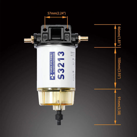 Marine Outboard Fuel Filter Water Separator Replacement With Three Eighths Barb And One Quarter Inch NPT Fittings For S3213 And OEM Numbers Keeps Your Boat Engine Running Smooth By Filtering Dirt And Rust In A Ten Micron Fuel Filter with dimensions displayed.
