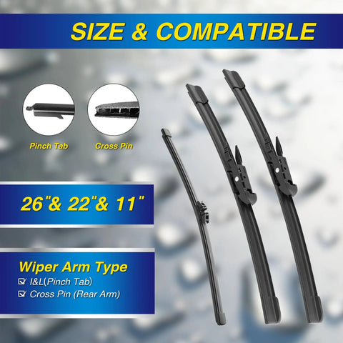 Heavy Duty Silicone Windshield Wipers For Ford Explorer 2011 To 2024 Stealth Hook Three Pack 26 22 and 11 inch sizes compatibility guide.