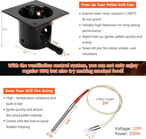 Pro Grade 2.0 RPM Auger Motor Upgrade Kit with fire pot and hot rod ignitor for pellet grills including Traeger, Pit Boss