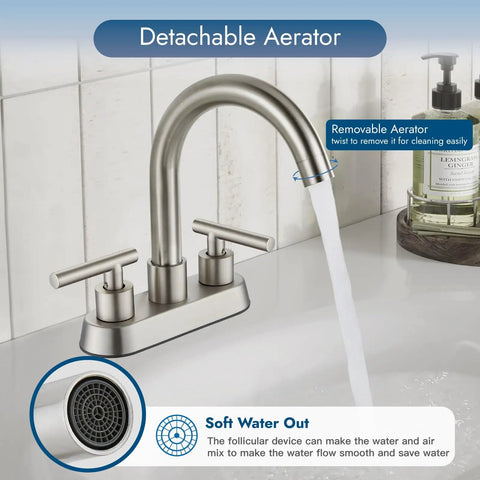 4 Inch Centerset Bathroom Faucet With Double Handles, Brushed Nickel Finish, 360 Degree Swivel Spout, water flowing.