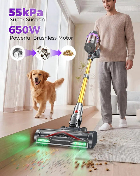 Heavy Duty Cordless Stick Vacuum Delivering A Rock Solid 55Kpa Suction And Snappy 650W Motor, Extended Eighty Minute Battery Life, Self Standing Anti Tangle Brush Makes Cleaning Pets And Carpets A Total Breeze, in use on hardwood floor with pet.