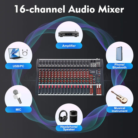 16 Channel DJ Mixer With Bluetooth And USB MP3 Player Recorder Studio Audio Console For Beginners And Pros Easy Beat Mixing