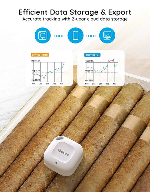 Bluetooth Hygrometer Thermometer Mini Wireless Humidity Sensor on cigars showing temperature and humidity data metrics.