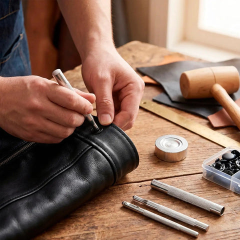 Person using 12 Piece Leather Snap Fasteners Kit Built Tough 15Mm Brass Snap Buttons Press Studs With Setting Tools on leather