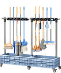 Mobile Broom And Mop Holder Freestanding Cleaning Cart Organizer On Wheels, holding various cleaning tools on a stainless steel rack.