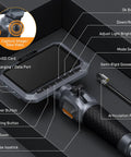 Two Way Articulating Borescope With 5 Inch IPS Screen showing labeled controls and 5.5mm slim probe with 5ft flexible endoscope.