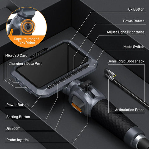 Two Way Articulating Borescope With 5 Inch IPS Screen showing labeled controls and 5.5mm slim probe with 5ft flexible endoscope.